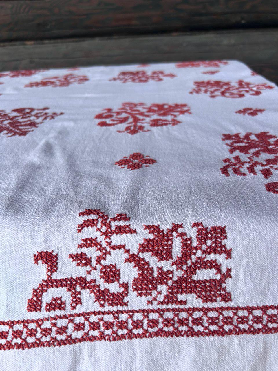 ヴィンテージ 長方形 赤と白の刺繍テーブルクロス、クロスステッチ