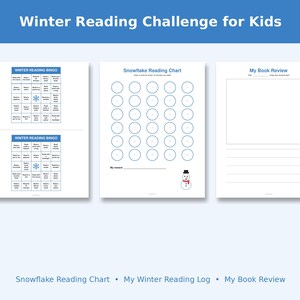 Sfida di lettura invernale per bambini (stampabile), Bingo della lettura, Registro di lettura per bambini, Segnalibri, Tabella di lettura e Certificato in PDF