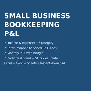 Può includere: Un modello digitale blu scuro per la contabilità e il conto economico delle piccole imprese. Il testo include: SMALL BUSINESS BOOKKEEPING P&L, Income & expenses by category, Totals mapped to Schedule C lines, Monthly P&L with margin, Profit dashboard + SE tax estimate, Excel + Google Sheets • Instant download.