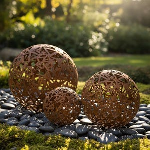 Op de afbeelding: Drie decoratieve metalen bollen met een roestige afwerking, variërend in grootte, liggen op een bed van zwarte kiezels en mos. De bollen hebben ingewikkelde uitgesneden patronen. Deze tuinornamenten voegen een unieke touch toe aan buitenruimtes.