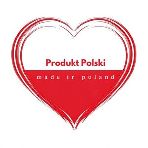 May include: A heart-shaped graphic in red and white, featuring the text "Produkt Polski" above a red stripe, and "made in poland" below. The heart's outline has a textured, brushstroke appearance.