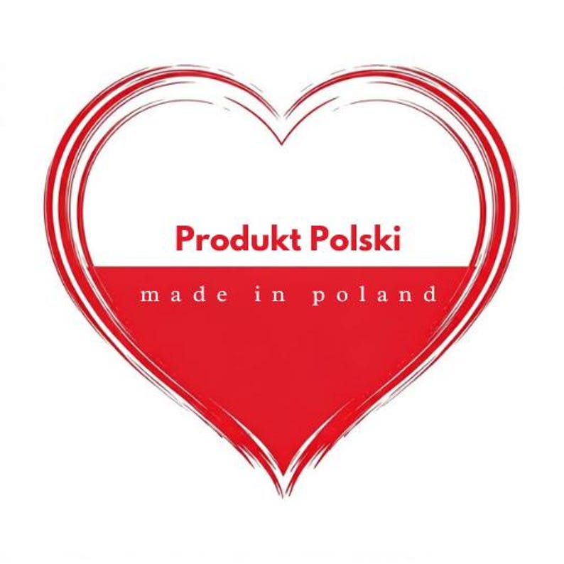 May include: A heart-shaped graphic in red and white, featuring the text "Produkt Polski" above a red stripe, and "made in poland" below. The heart's outline has a textured, brushstroke appearance.