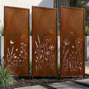 Écran de jardin rustique en métal, panneau effet Corten BUTTERFLY MEADOW, écran de jardin en acier découpé au laser,