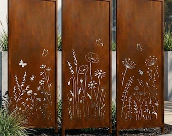 Rustiek metalen tuinscherm, Corten-effect BUTTERFLY MEADOW paneel, lasergesneden stalen tuinscherm, privacyscherm voor buiten