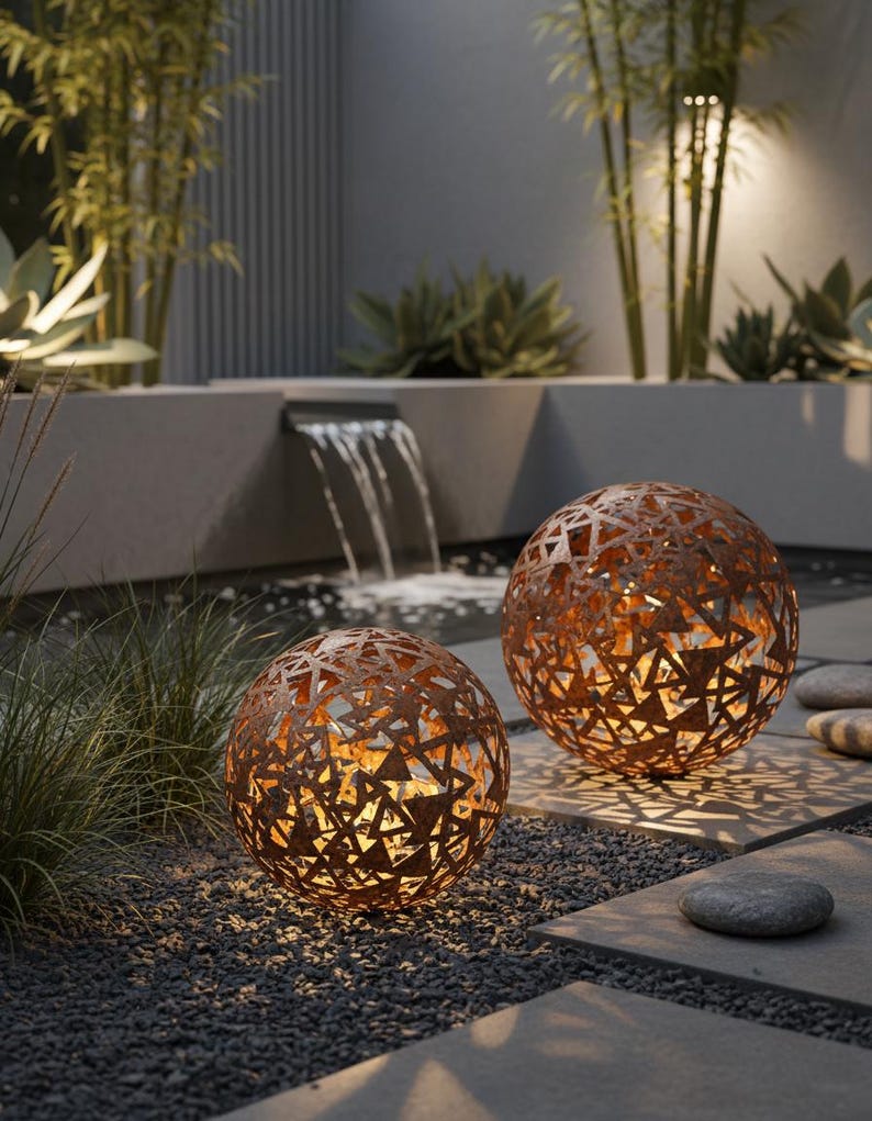 May include: Two spherical, rusty-orange metal garden lights with geometric cutouts. The lights are illuminated, casting warm light and shadows on the gravel and stone patio. The scene includes a small waterfall and lush greenery, creating a tranquil atmosphere.
