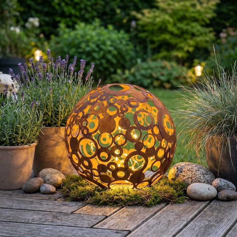 Metal Decorative Sphere, Openwork Rings, Rustic Garden Loft Ornament image 2