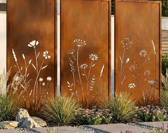 Pannello da giardino rustico Wildflower Meadow, effetto Corten, schermo in acciaio tagliato al laser, design moderno