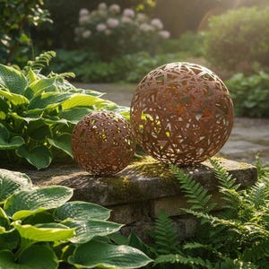 May include: Two decorative metal spheres with intricate geometric cutouts, in a rustic brown finish. The spheres, of different sizes, sit on a stone wall amidst lush green foliage, creating a garden accent.