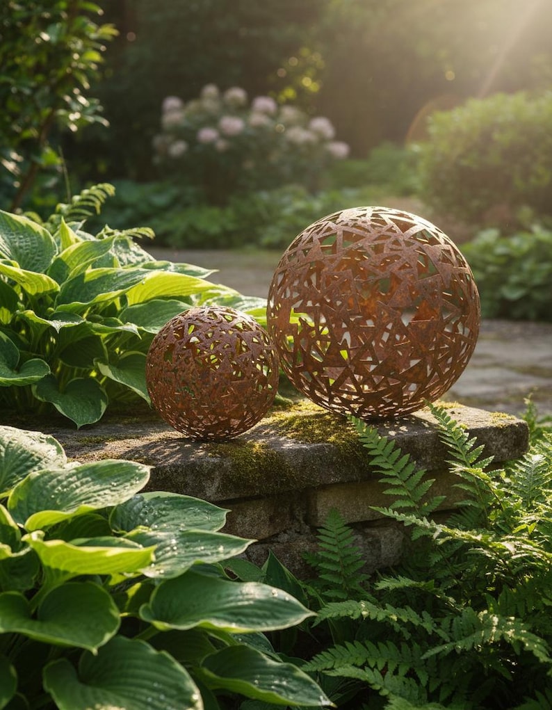 May include: Two decorative metal spheres with intricate geometric cutouts, in a rustic brown finish. The spheres, of different sizes, sit on a stone wall amidst lush green foliage, creating a garden accent.