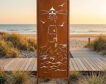 Lighthouse - Rustic Metal Garden Privacy Screen, Corten Effect Panel, Laser Cut, Outdoor Privacy Fence, Modern Decor