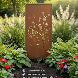 Schermo da Giardino in Acciaio Rustico – Pannello Privacy Dente di Leone, Effetto Corten