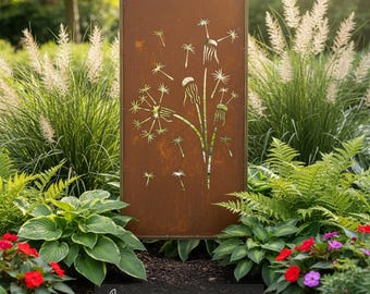 Schermo da Giardino in Acciaio Rustico – Pannello Privacy Dente di Leone, Effetto Corten