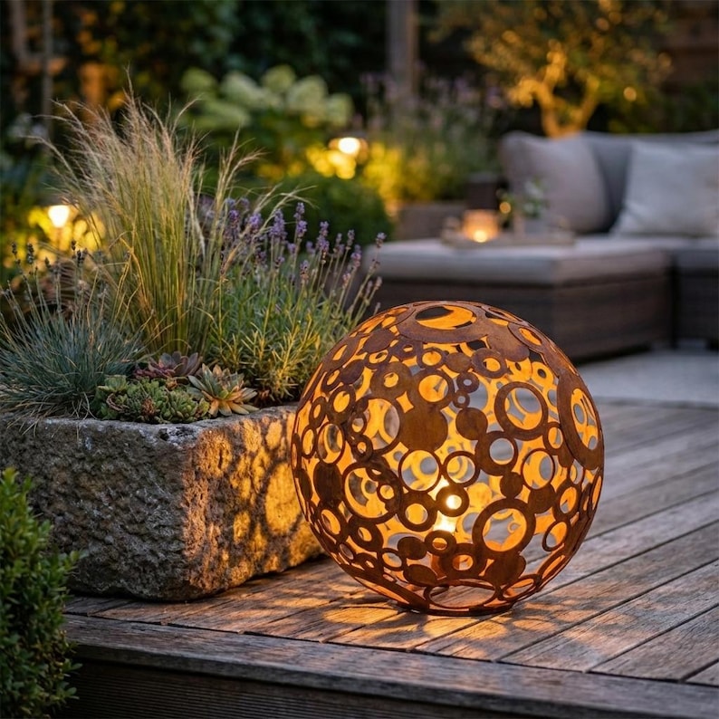 Metal Decorative Sphere, Openwork Rings, Rustic Garden Loft Ornament image 3