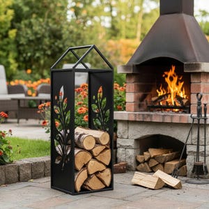 Support à bûches en métal noir avec poignée porte-bûches autoportant, rustique intérieur/extérieur rack à bois minimaliste, finition poudrée