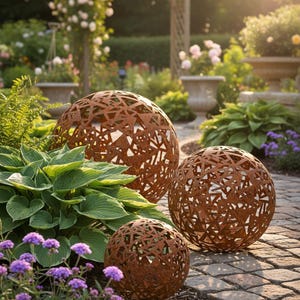 May include: Three decorative metal spheres with a rust-coloured finish are displayed outdoors. Each sphere features a geometric, openwork design. The spheres vary in size and are placed on a brick pathway, surrounded by greenery and flowers, creating a garden decor theme.