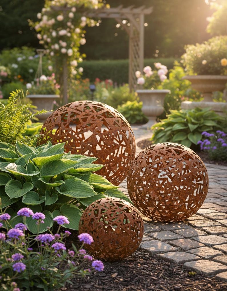 May include: Three decorative metal spheres with a rust-coloured finish are displayed outdoors. Each sphere features a geometric, openwork design. The spheres vary in size and are placed on a brick pathway, surrounded by greenery and flowers, creating a garden decor theme.