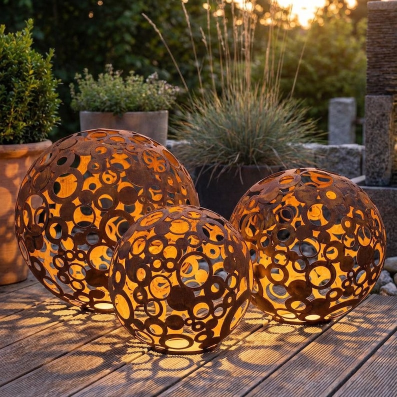 Metal Decorative Sphere, Openwork Rings, Rustic Garden Loft Ornament Set of 3: all sizes