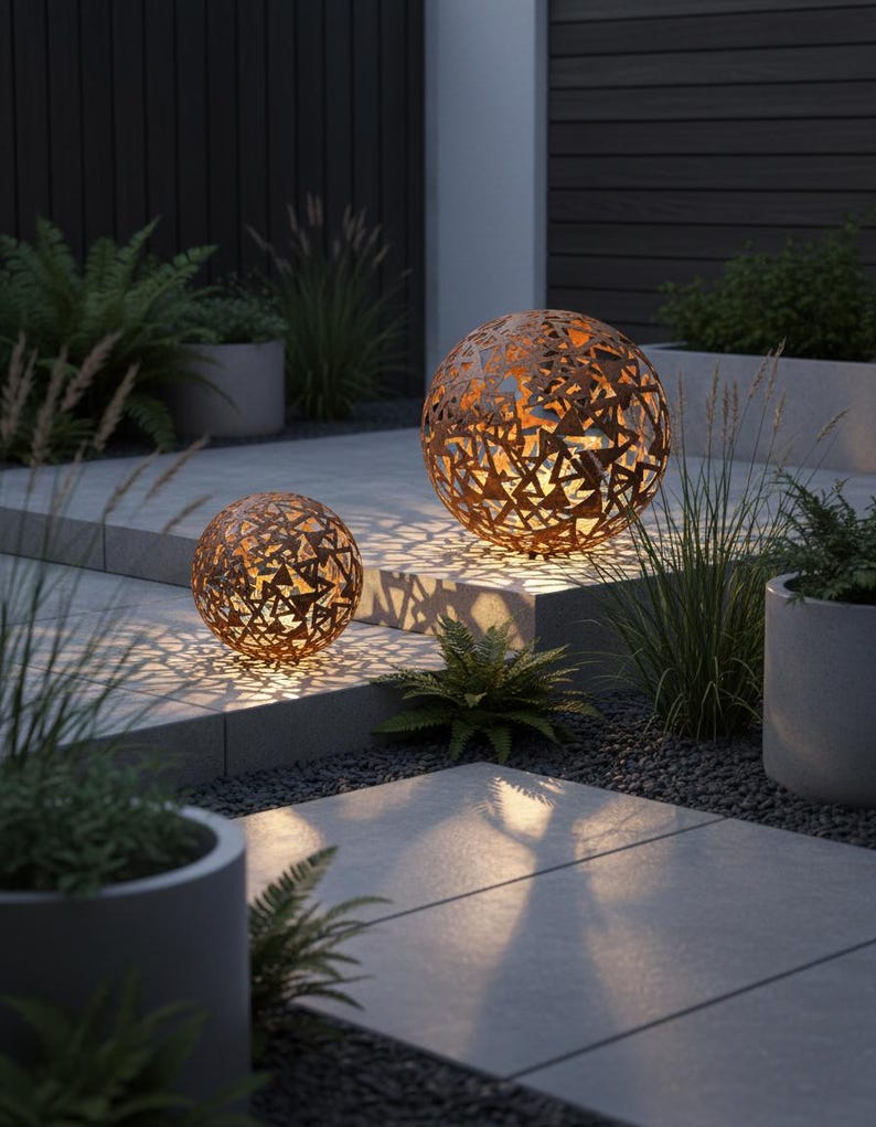 May include: Two decorative metal spheres with geometric cutouts, lit from within, creating patterned shadows. The spheres are on a stone patio, surrounded by plants, creating a warm outdoor atmosphere. The spheres are a rusty brown colour.