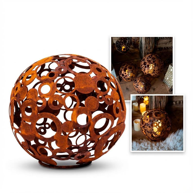 May include: A large, spherical, rusty metal decorative orb with a pattern of cut-out circles and ovals. The orb sits on a circular base. Additional images show the orb lit from within, creating a warm glow, and other similar orbs.