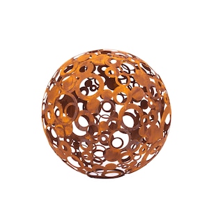 May include: A spherical, decorative metal sculpture with a rusted, orange-brown finish. The sphere is composed of numerous overlapping circles of varying sizes, creating an open design. This garden art piece adds a unique touch to any outdoor space.