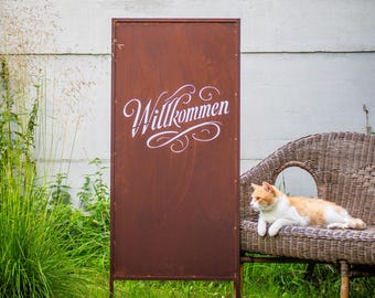 Rustiek metalen tuinscherm – Privacy-paneel van Cortenstaal "Willkommen"
