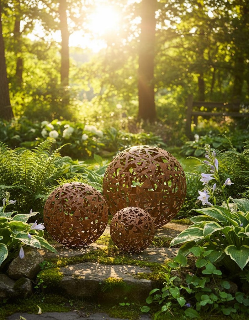 May include: Three decorative metal spheres with intricate cut-out designs, varying in size, rest on a stone surface amidst lush greenery. The spheres have a rustic, weathered appearance, adding a touch of natural elegance to the garden setting.