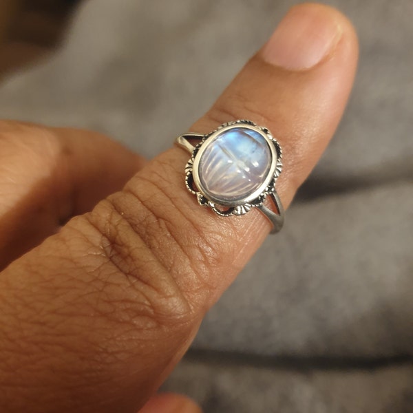 Blue Moonstone Scarab Silver Ring, Scarab carving Adjustable S925 Silver Ring, Moonstone Carving Ring, Scarab Beetle Egyptian Antique Style