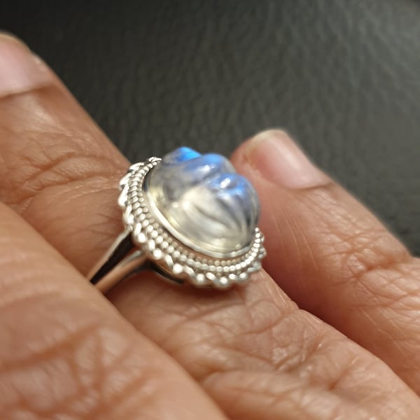 Blue Moonstone Scarab Carving Ring, Rainbow Moonstone Carved Silver Ring, Adjustable Scarab Silver Ring, Egyptian Scarab Beetle, Scarab ring