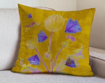 Sunshine Yellow Velvet Pillow Cover, Butterflies and Floral Design Boho Decor