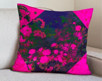 Sammetsblommigt örngott, rosa & blålilagrön, retro accentkudde