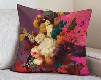 Vintage Floral Velvet Pillow Cover, Fuchsia Rose Tapestry, Baroque Cushion, Pink Flowers