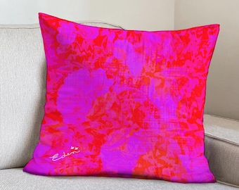Funda de almohada retro de terciopelo floral, rosas onduladas rosa fucsia, decoración boho neón