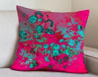 Vibrant Pink Floral Velvet Pillow Cover, Retro Rose Flowers Cushion, Boho Accent Neon Decor