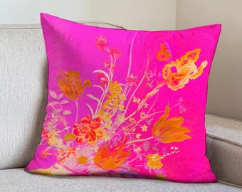 Funda de cojín de terciopelo con estampado floral fucsia, almohada retro rosa fucsia con mariposas