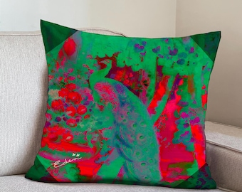 Peacock Velvet Pillow Cover, Green Hot Pink, Eden Decor (20x20 inch)