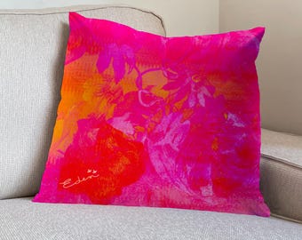 Floral Velvet Throw Pillow Cover, Fuchsia Retro Design, 20x20 inch