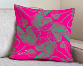 Rosa och grönt blommigt sammetskuddefodral, livfull retro accentkudde