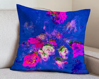 Blue Floral Velvet Cushion Cover, Fuchsia Pink Flowers, Retro Pillow Case