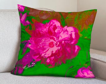 Rosa Grönt Blommigt Sammet Örngott, Stor Blomma, Retro Boho Dekor