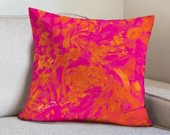 Funda de cojín de terciopelo fucsia vibrante con diseño floral abstracto rosa y naranja, almohada de dopamina