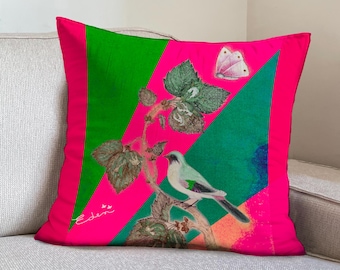 Fodera per cuscino decorativo rosa e verde, design retrò a righe, motivo con uccelli, decorazione per la casa.