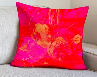 Funda de cojín de terciopelo con estampado floral fucsia, cojín decorativo de estilo retro (50 x 50 cm)
