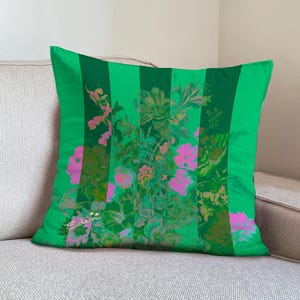 Green Pillow Cover, Striped Cushion Cover, Floral Throw Cushion, Retro inspired, Colorful Decorative Pillow, Boho, Accent Cushion