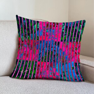 Vibrant Colors Pillow, Striped Cushion Cover, Hot Pink Green Blue, Accent Pillow, Flowers Home Decor, Flowers Velvet Cushion, Squares style