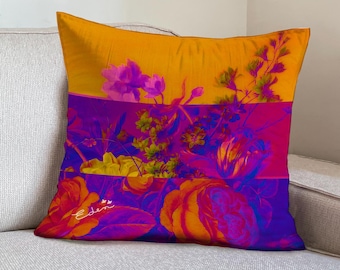 Floral Velvet Pillow Cover, Retro Striped Accent Orange Purple Pink Cushion, 20x20 inch
