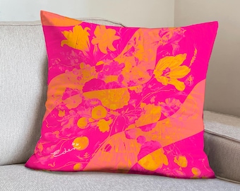 Capa de almofada de veludo rosa com detalhes florais, estilo anos 70, com listras onduladas, 50x50 cm - 40x40 cm, decoração inspirada na dopamina.