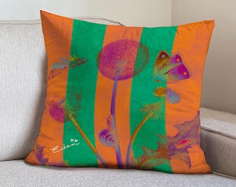 Butterfly Velvet Pillow Cover, Striped Dandelion Cushion, Retro Style