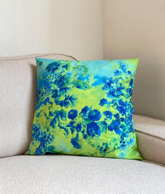 Neon Fluo Pillow, Floral Cushion Cover, Green Pillow, Yellow