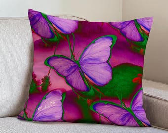 Butterfly Pillow Cover, Purple Retro Botanical Cushion, Statement Velvet Pillow