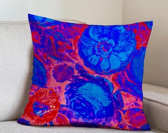 Blått blommigt sammetskuddfodral, retro livfull heminredning 20 x 20 tum